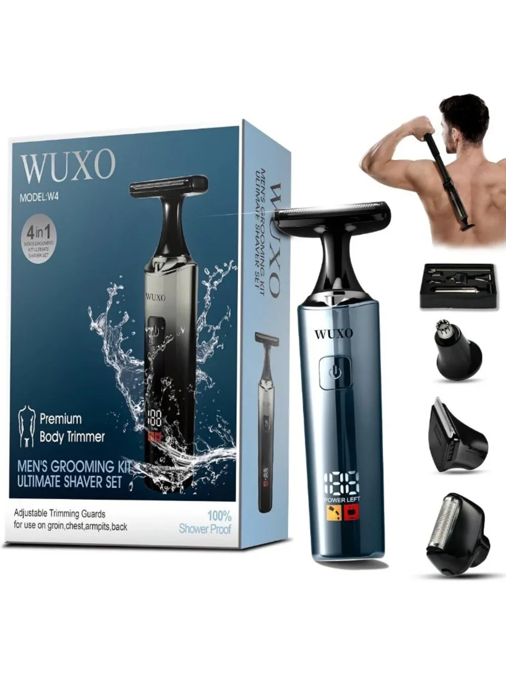 4-in-1 Electric Back Shaver & Groin Hair Trimmer with LED Display for Men